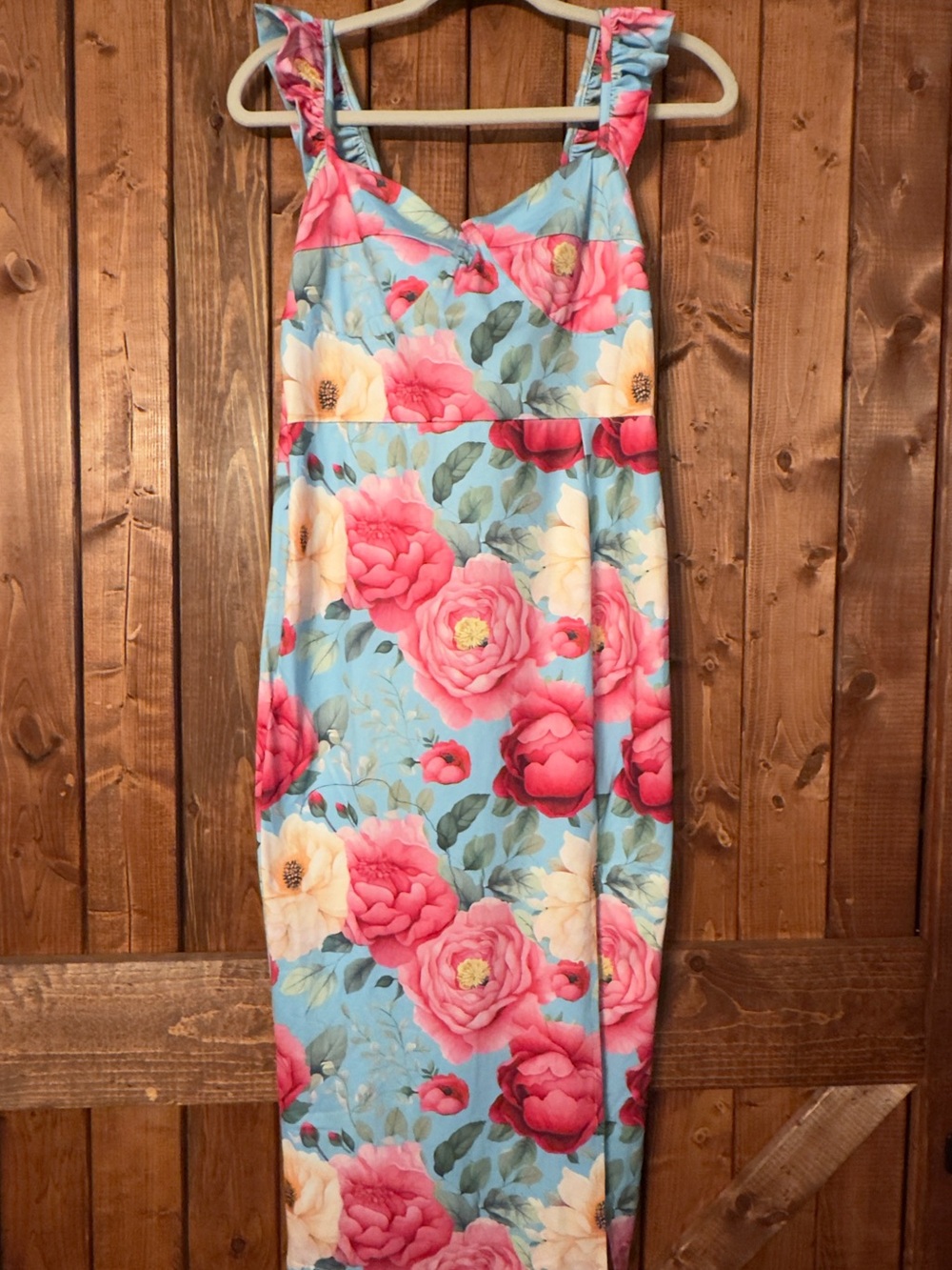 Floral Pink & Blue Sleeveless Midi Dress